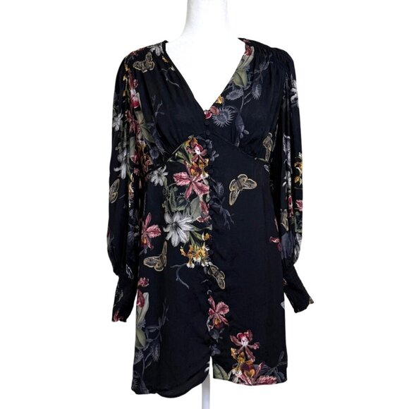 Allsaints Auden Sanibel Dress Black Floral Button-Up Long Sleeve Womens Size 12 - Picture 1 of 7